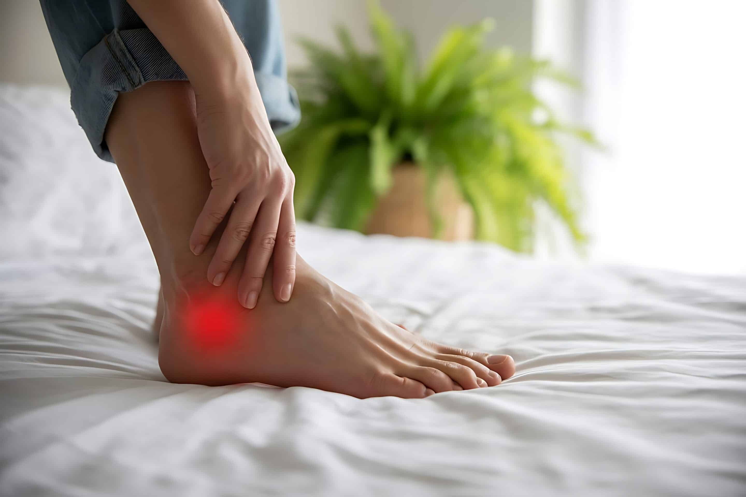 Close up of a person s foot experiencing heel pain highlighted with a red glowing area indicating discomfort and inflammation
