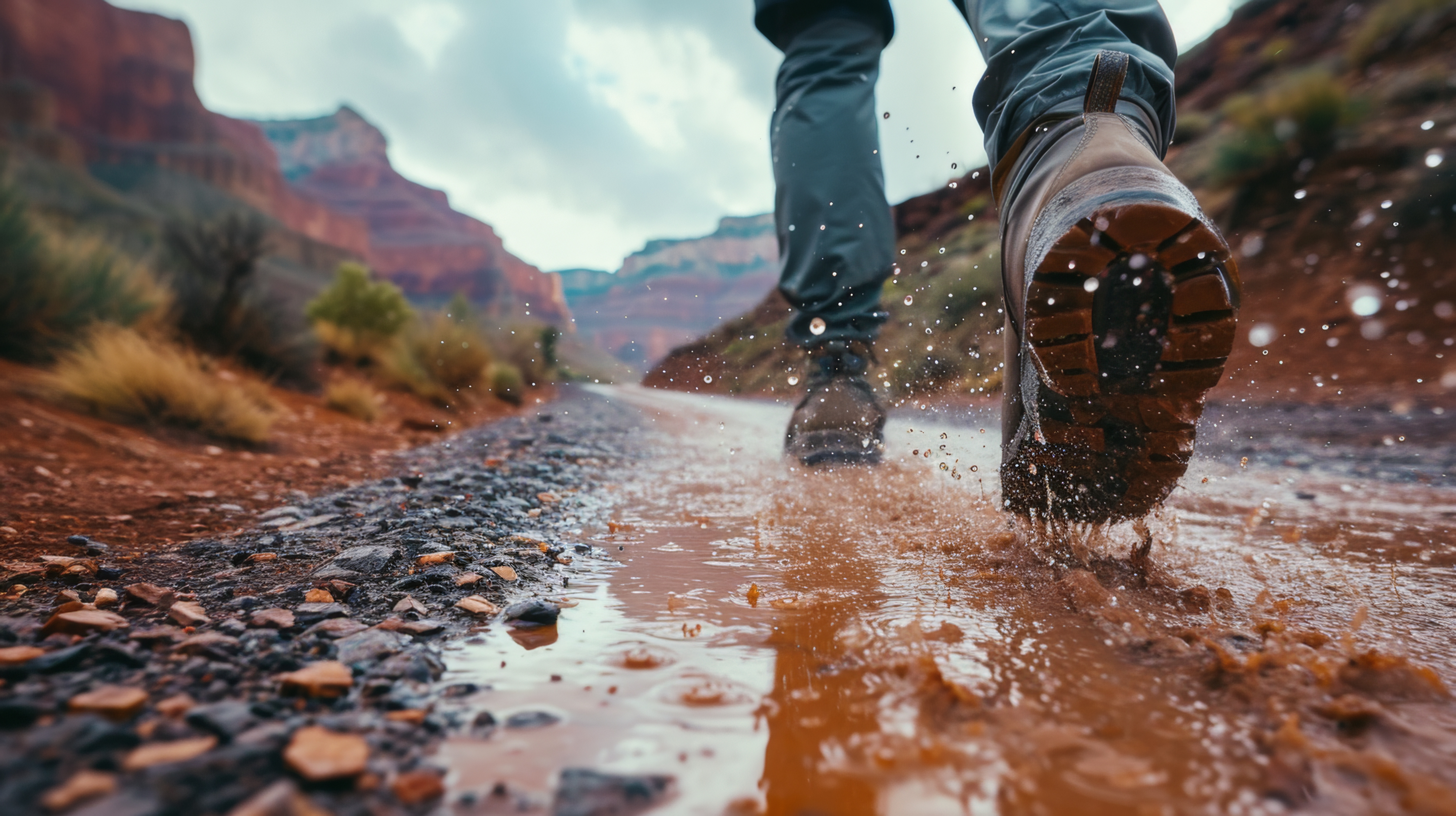 Closeup view of a hiker hiking in rugged land with majestic view.